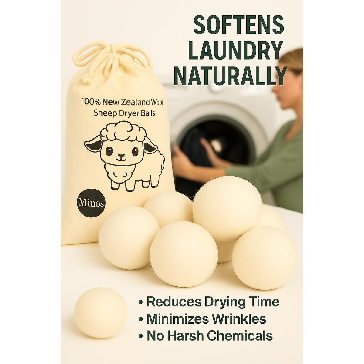 Natural Wool Dryer Balls | Reusable Natural Fabric Softener | Reduces Wrinkles & Drying Time | Large Dryer Balls is a Better Alternative to Plastic Balls and Liquid Softener| Saves Energy (Pack of 6)