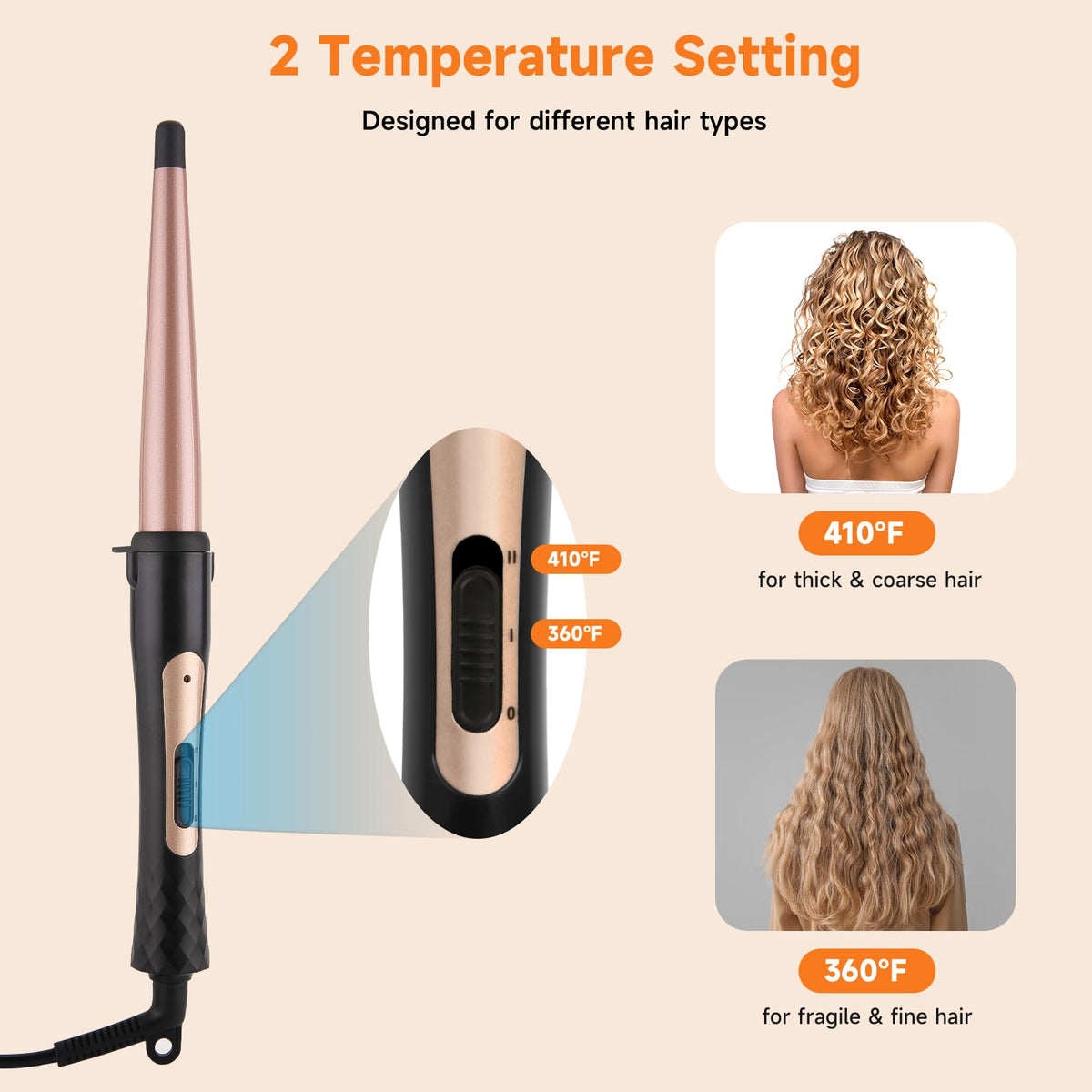 1/2 Inch to 1 Inch Tapered Curling Wand for Short, Medium & Long Hair