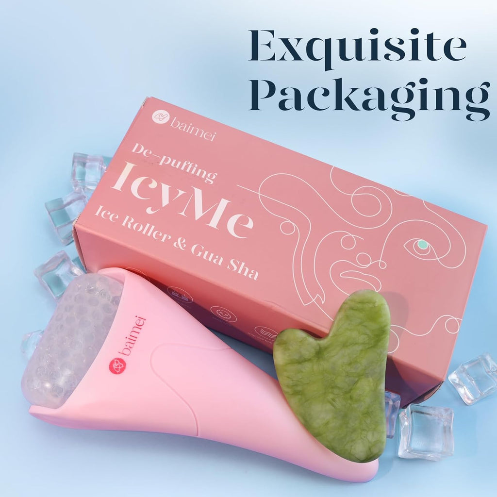 Buy now BAIMEI IcyMe Ice Roller for Face and Gua Sha Facial Tool Set, Ice Face Roller Reduces Puffiness Relieves Migraines Skin Care Tools, Self Care Gift for Women - Pink at indiglob india