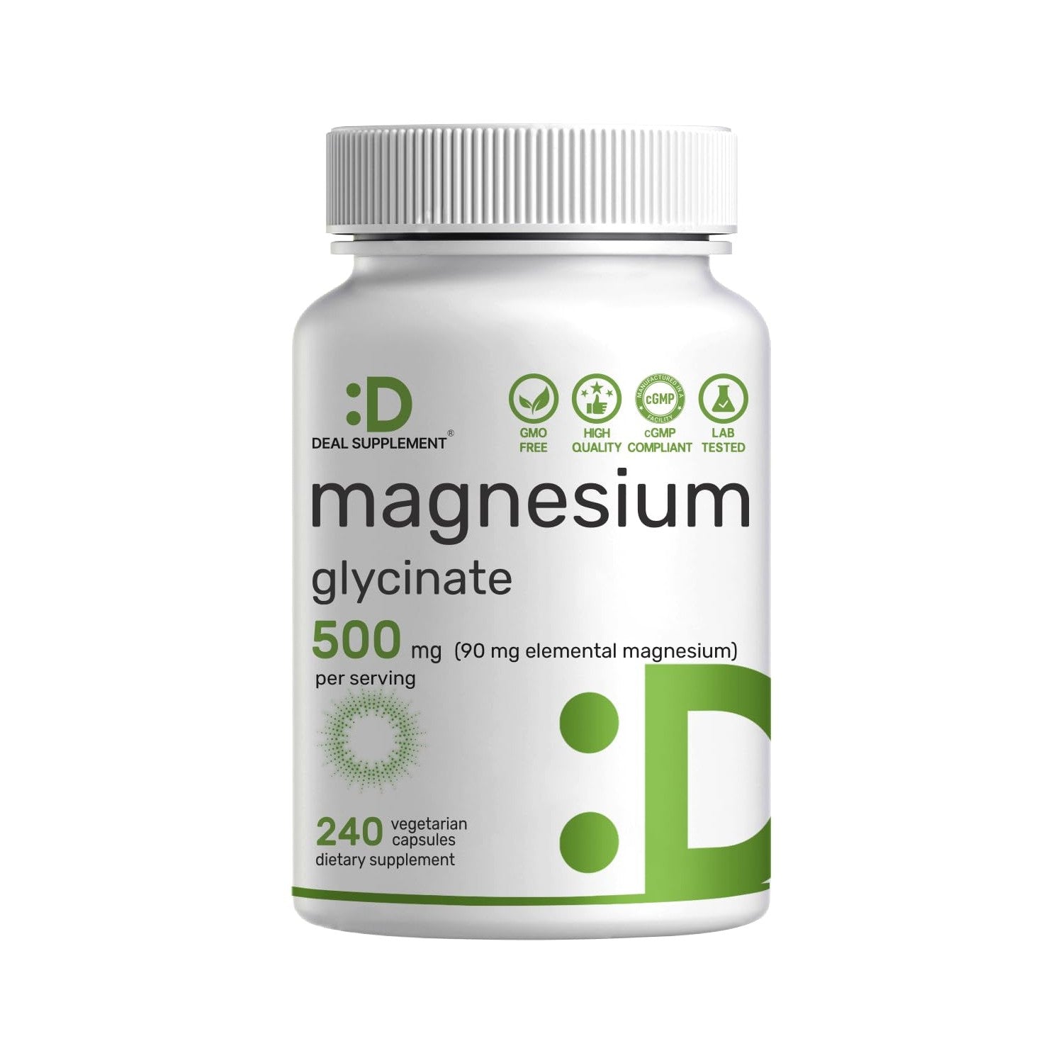 Deal Supplement Magnesium Glycinate 500mg Per Serving, 240 Veggie Capsules | 100% Chelated Magnesium Glycinate, Essential Mineral Supplement for Women & Men. Non-GMO, Gluten Free.