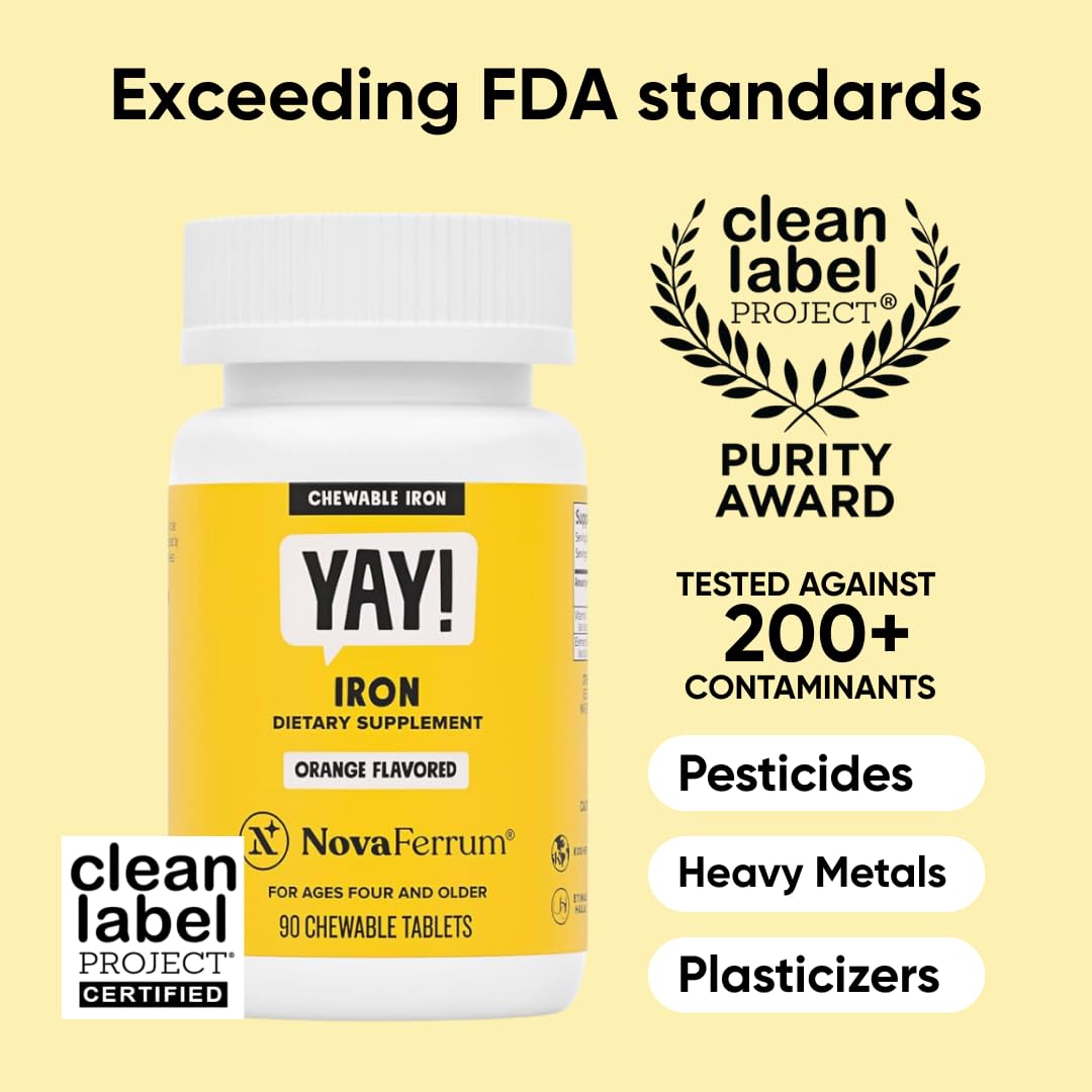 NovaFerrum Yay | Chewable Iron Supplement for Kids & Adults Ages 4 and Over | 18mg of Iron | 90 Servings | Sugar Free | Vegan | Gluten Free | Orange Flavor | For Ages 4+ | Sugar Free, Vegan, Gluten Free Certified | Orange Flavor | 90 Servings