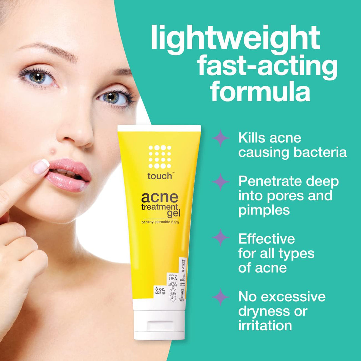 TOUCH 2.5% Benzoyl Peroxide Acne Gel for Face & Body, 8 oz