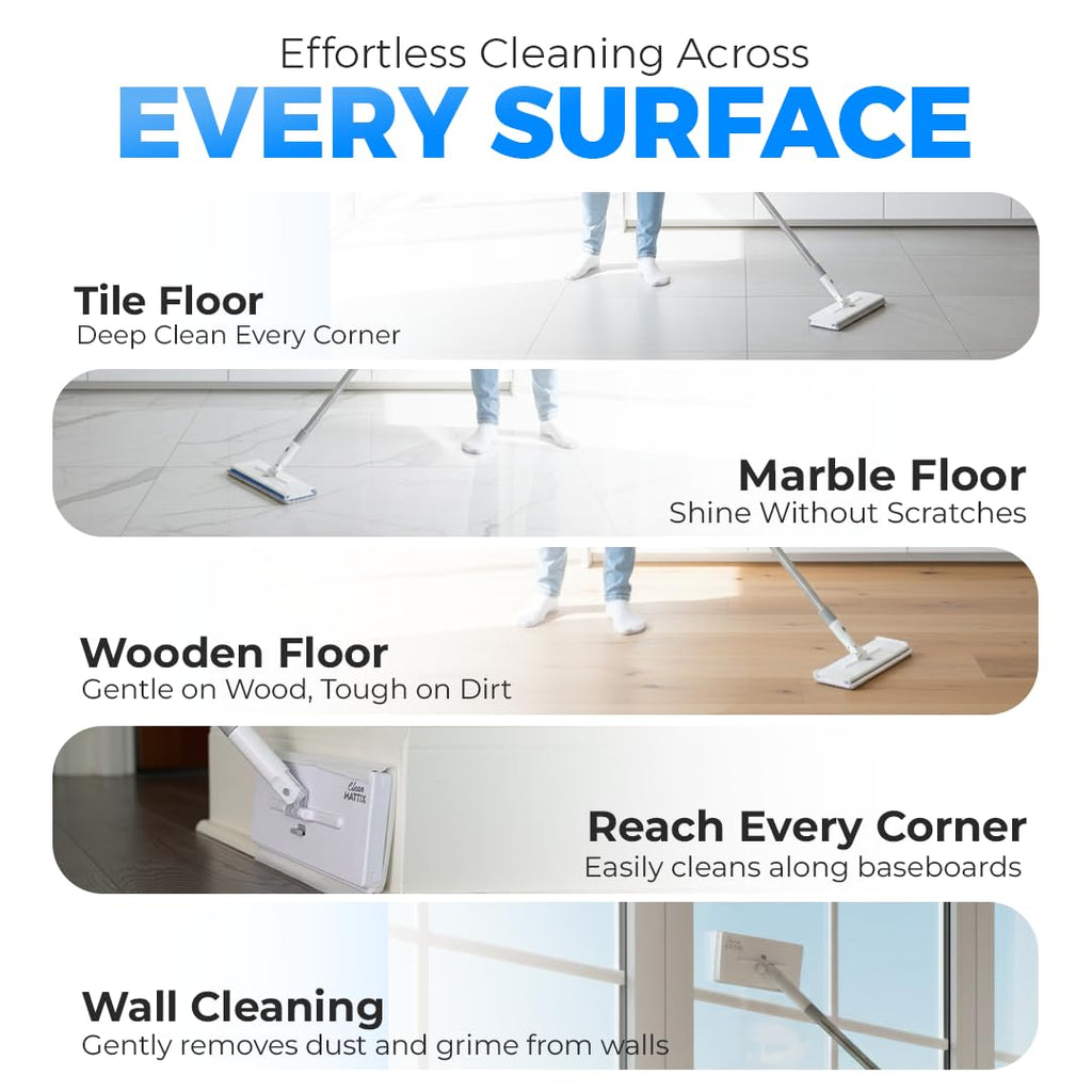FlexiClamp Sweep & Mop Kit - Durable Cleaning Tool for Hardwood, Tile, Marble & Laminate Floors, Home, Kitchen Cleaning Essentials. (Include 10 Dry Cloths)