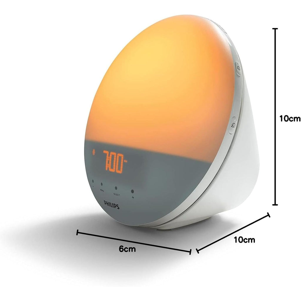 Buy now Philips SmartSleep Wake-up Light, Colored Sunrise and Sunset Simulation, 5 Natural Sounds, FM Radio & Reading Lamp, Tap Snooze, HF3520/60 at indiglob india