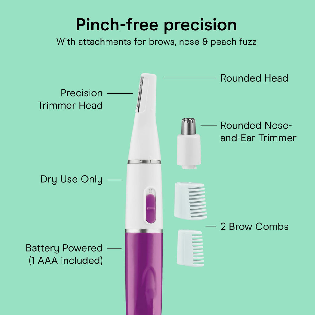 Conair Facial Trimmer for Women, Pinch-Free Precision, 2 Brow Combs | Battery-operated design with a precision trimmer and a nose and ear trimmer offers pain-free facial hair removal for women