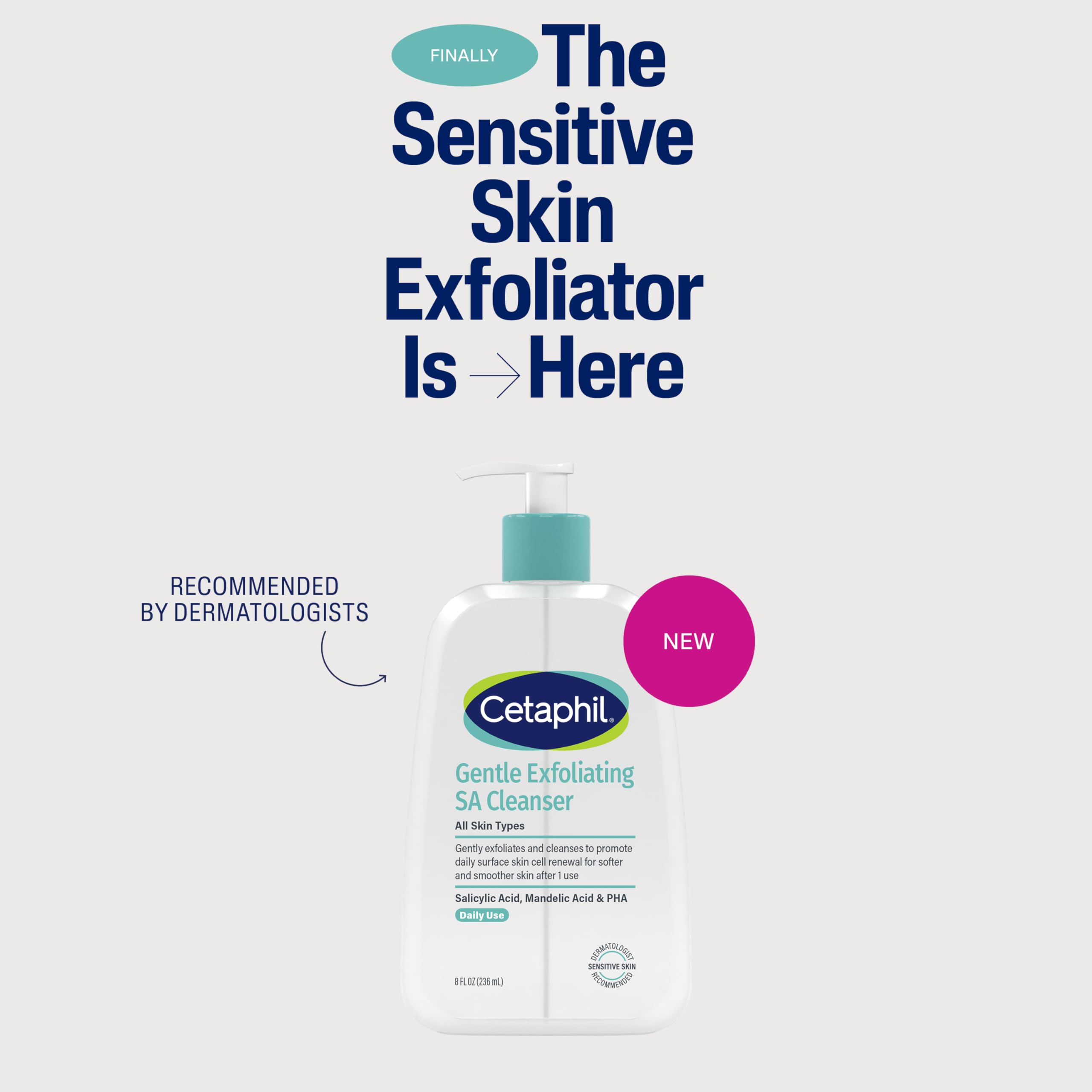 Cetaphil SA Gentle Exfoliating Face Wash, Salicylic Acid Cleanser, 8 fl oz | Foaming Face Wash, Salicylic Acid, Acne-Prone And Sensitive Skin, All Skin Types, Dermatologist Recommended, 8 Fl Oz Pump