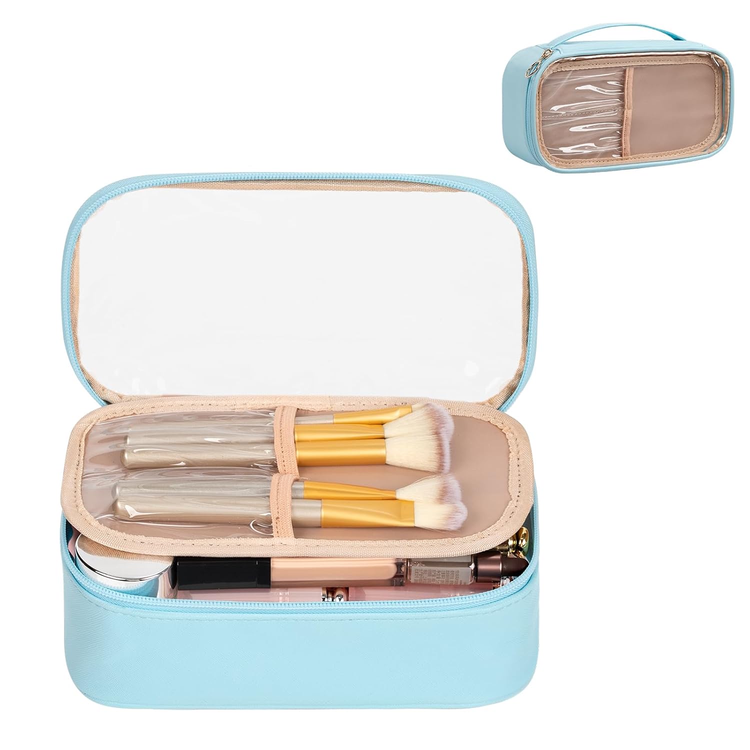 Buy now OCHEAL Makeup Bag, Double Layer Cosmetic Bag, Large Capacity New Look Clear Cosmetic Case for Women Travel Beauty Essentials, Multiple Compartments Makeup Case Organizer Zipper Pouch -Black Small Lake Blue at indiglob india