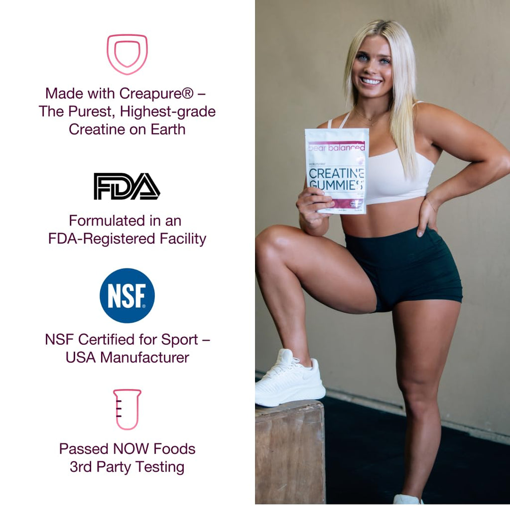 Bear Balanced Creatine Gummies for Men & Women - Creapure® Creatine Monohydrate, L-Theanine, L-Tyrosine & B12 for Muscle Growth, Strength, Focus, Energy & Health - Low Calorie, Sugar-Free, & Vegan