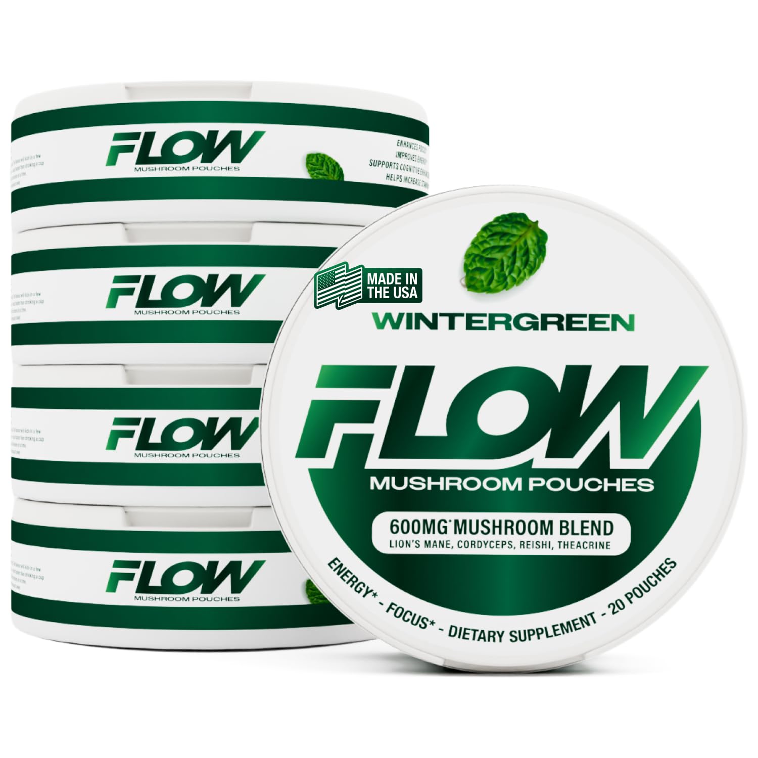 Mushroom Nootropic Pouches, 600mg Lion's Mane Reishi Cordyceps Energy Pouches for Focus and Clean Energy, Caffeine Free Sugar Free Nicotine Free, Now Made in USA (5 Cans, Wintergreen)