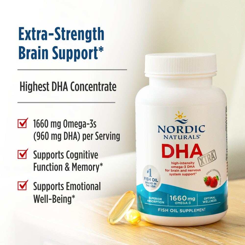 Nordic Naturals DHA Xtra Supplement, 1660mg Omega-3 Fish Oil - 90 Count | 1660mg Omega-3 per serving (2x potency). Supports brain & nervous system health. Non-GMO. Strawberry flavor. 90 servings.