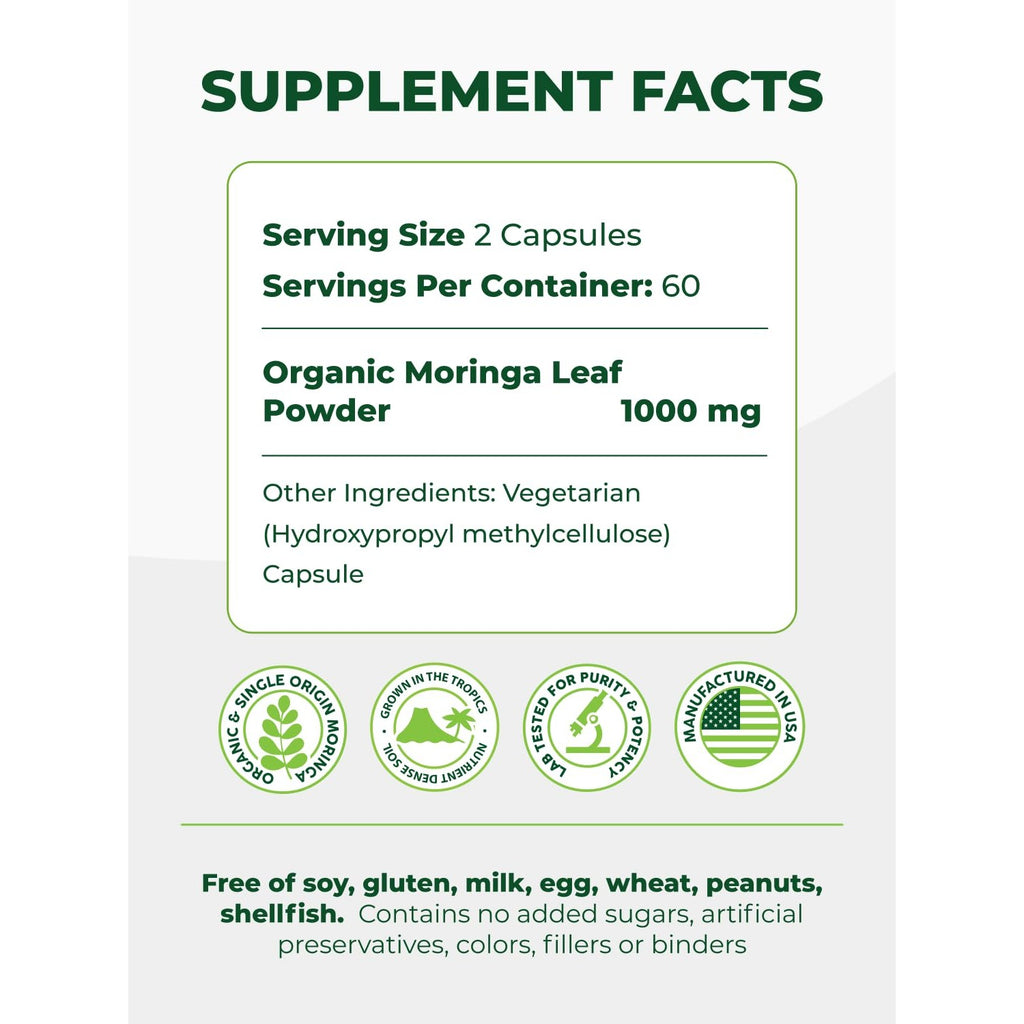 PURA VIDA MORINGA Organic Moringa Capsules, Pure Moringa Leaf Powder Single Origin for Energy, Metabolism & Immune Support, 120ct, 500mg Caps