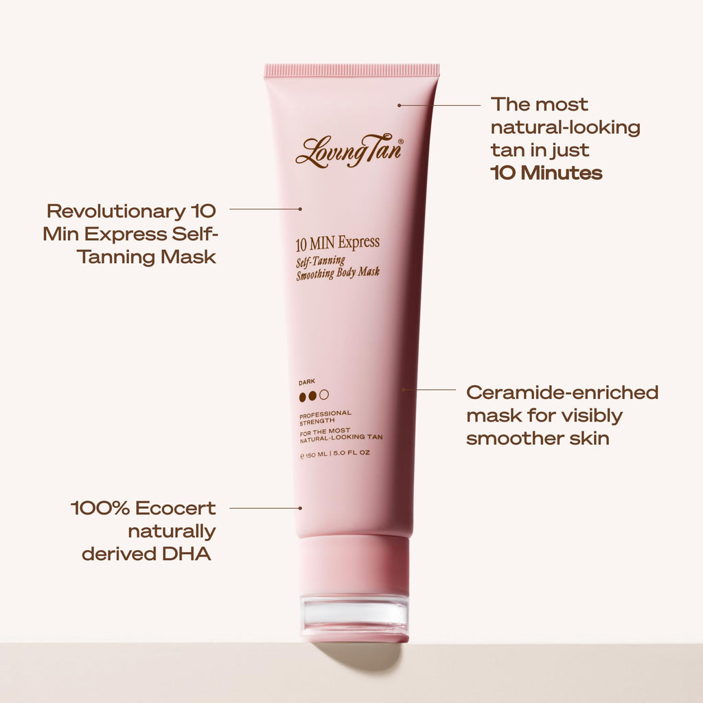 Loving Tan 10 Minute Express Self Tanner Body Mask, Dark, 5 fl oz | Fast Acting & Streak-Free Smoothing Self Tan Formula, Natural Bronze, Hydrating Ceramides, Quick Dry & Transfer-Resistant