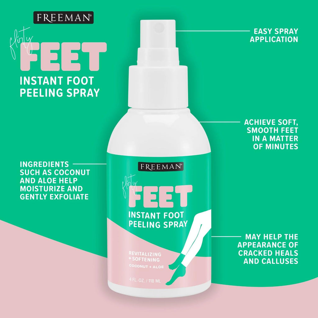 Freeman Flirty Feet Instant Foot Peeling Spray, Foot Mask, 4 fl oz | Foot peel mask for summer, moisturizing and smooth dry, cracked heels, remove dead skin quickly, cruelty-free and vegan