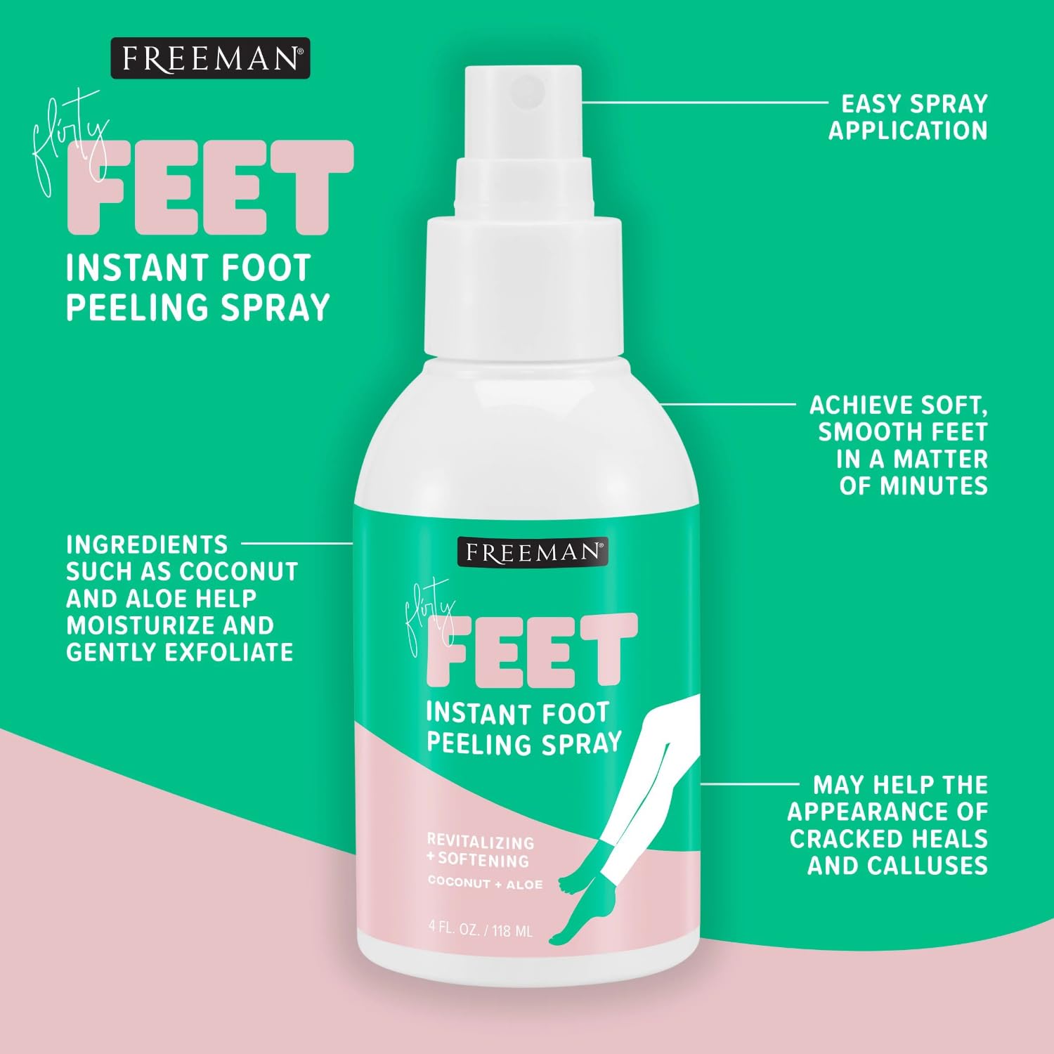 Freeman Flirty Feet Instant Foot Peeling Spray, Foot Mask, 4 fl oz | Foot peel mask for summer, moisturizing and smooth dry, cracked heels, remove dead skin quickly, cruelty-free and vegan
