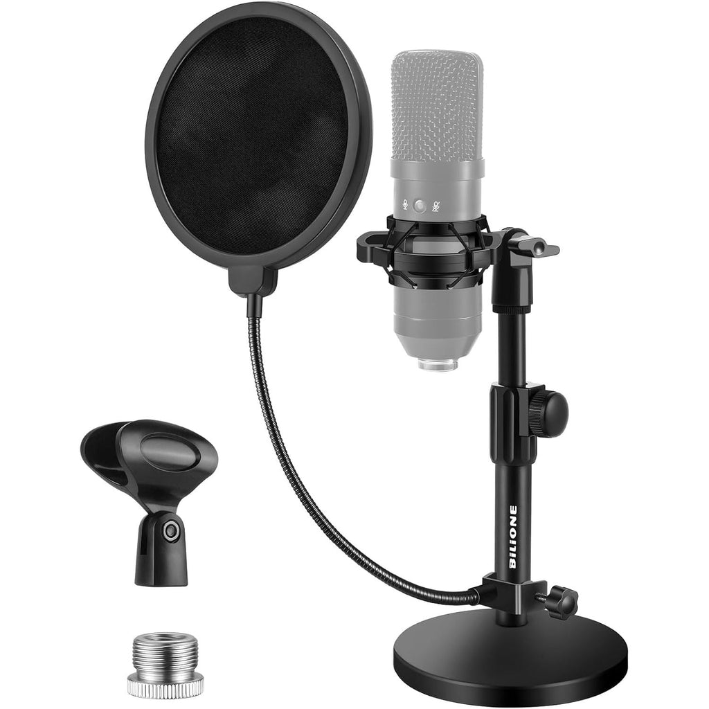 Buy now BILIONE Multifunctional Desktop Microphone Stand, Adjustable Mic Stand Desk with Pop Filter, Shock Mount, Microphone Clip, 5/8" to 3/8" Metal Screw Adapter at indiglob india