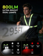 Viccux 800LM Ultra Bright & 7+2 Modes Running Lights for Runners with Rear Light, 45° Beam & 360° Reflective Vest, IPX4 Waterproof Reflective Running Vest for Night Walking/Jogging, 4-25Hrs Runtime
