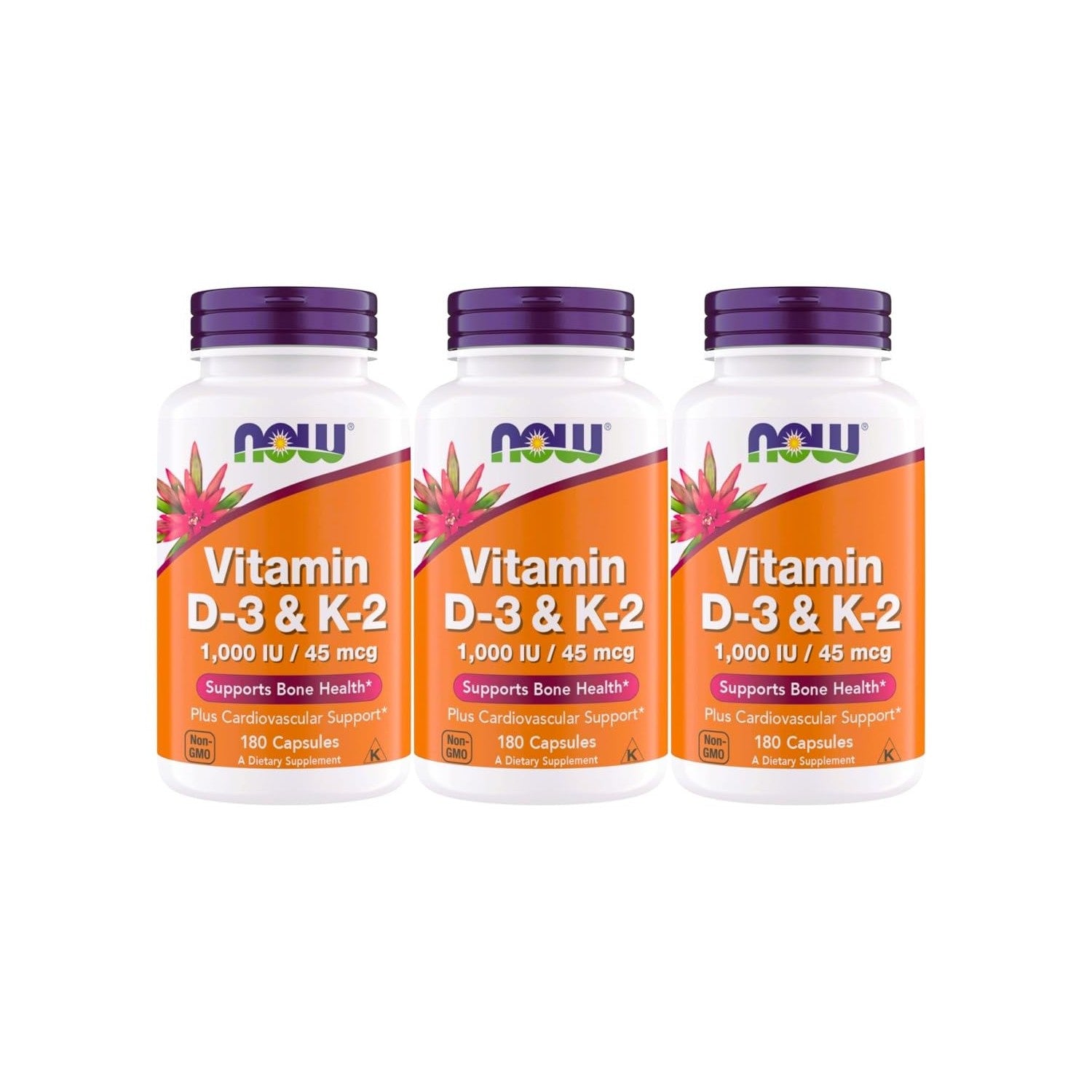 Now Supplements Vitamin D3 K2, 1,000 IU/45 mcg, Cardiovascular Support, Supports Bone Health, 180 Vegetarian Capsules - Vegan, Gluten Free, Kosher