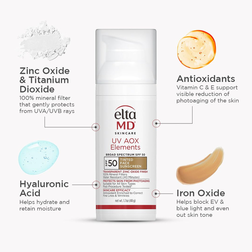 UV AOX Elements Tinted Mineral Face Sunscreen Lotion, Tinted Moisturizer for Face SPF 50 with Antioxidants
