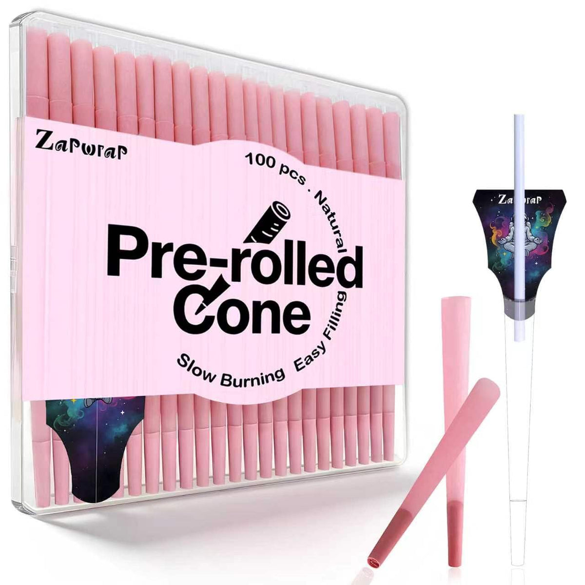 100 PACK Pink Cones Rolling Paper | King Size | 108mm | Pre Rolled Cones with Paper Loader and Packing Sticks