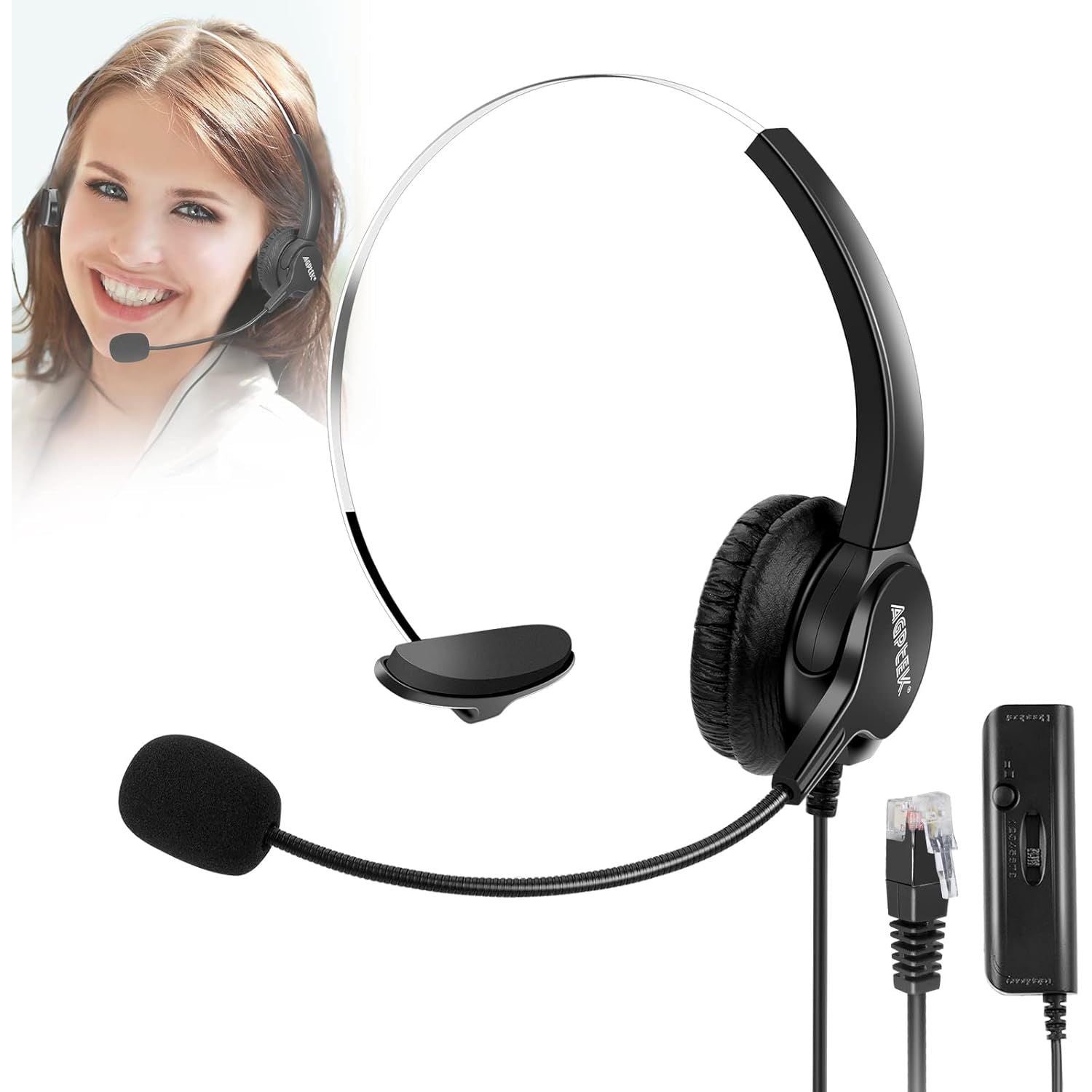 Buy now AGPTEK® Hands-Free Call Center Noise Cancelling Corded Monaural Headset Headphone for Desk Telephone with 4-Pin RJ9 Crystal Head Default at indiglob india