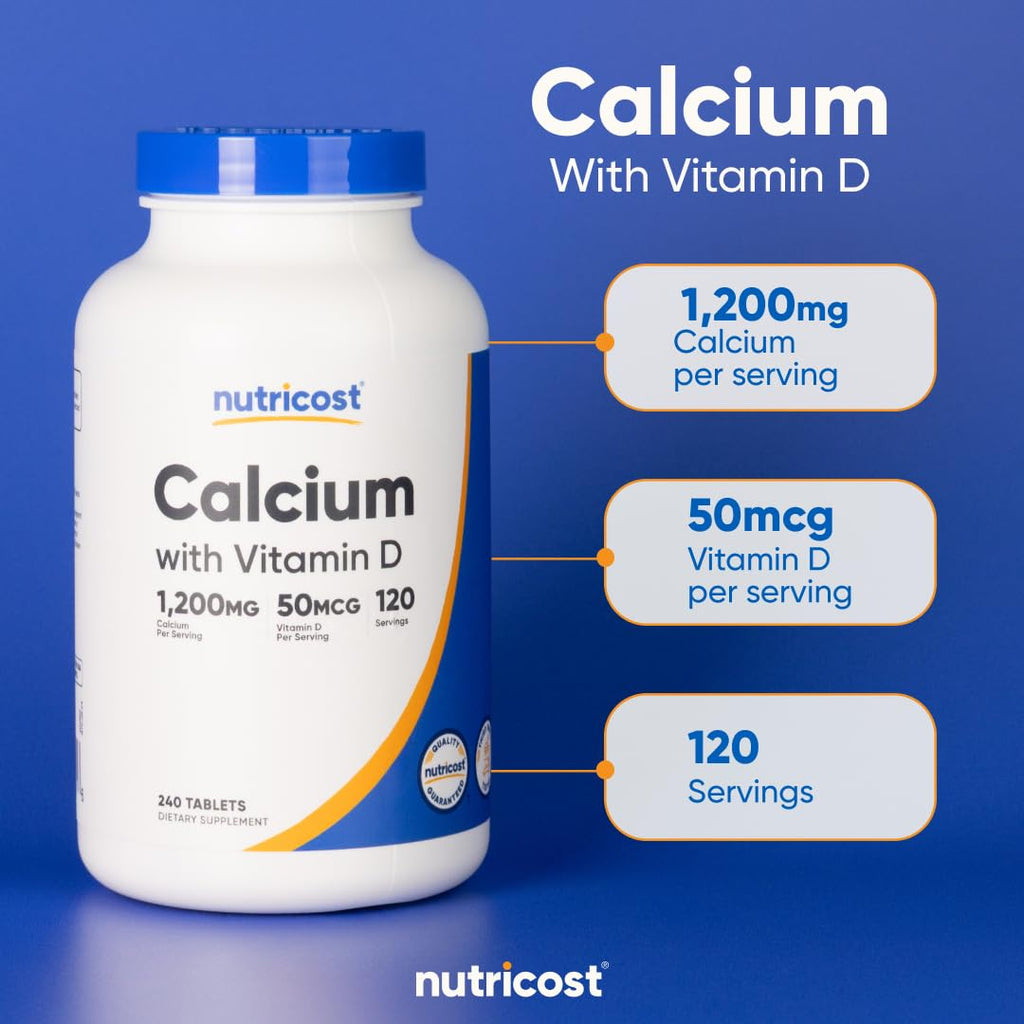 Nutricost Calcium with Vitamin D, 240 Tablets, Gluten-Free, GMO-Free | Calcium (1200mg) Vitamin D (50mcg) Per Serving