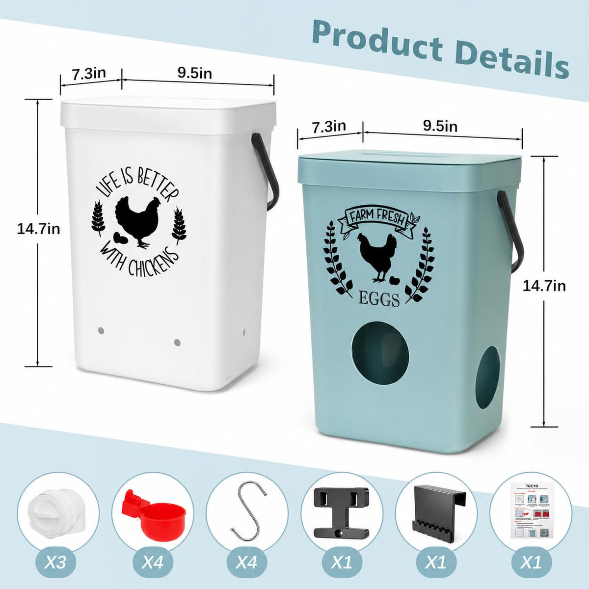 Tgeyd No-Waste Chicken Feeder & Waterer Set, 3 Gallon Automatic Waterer and 15 lb Hanging Feeder for Backyard Chickens, Modern Farmhouse Chicken Coop Essentials