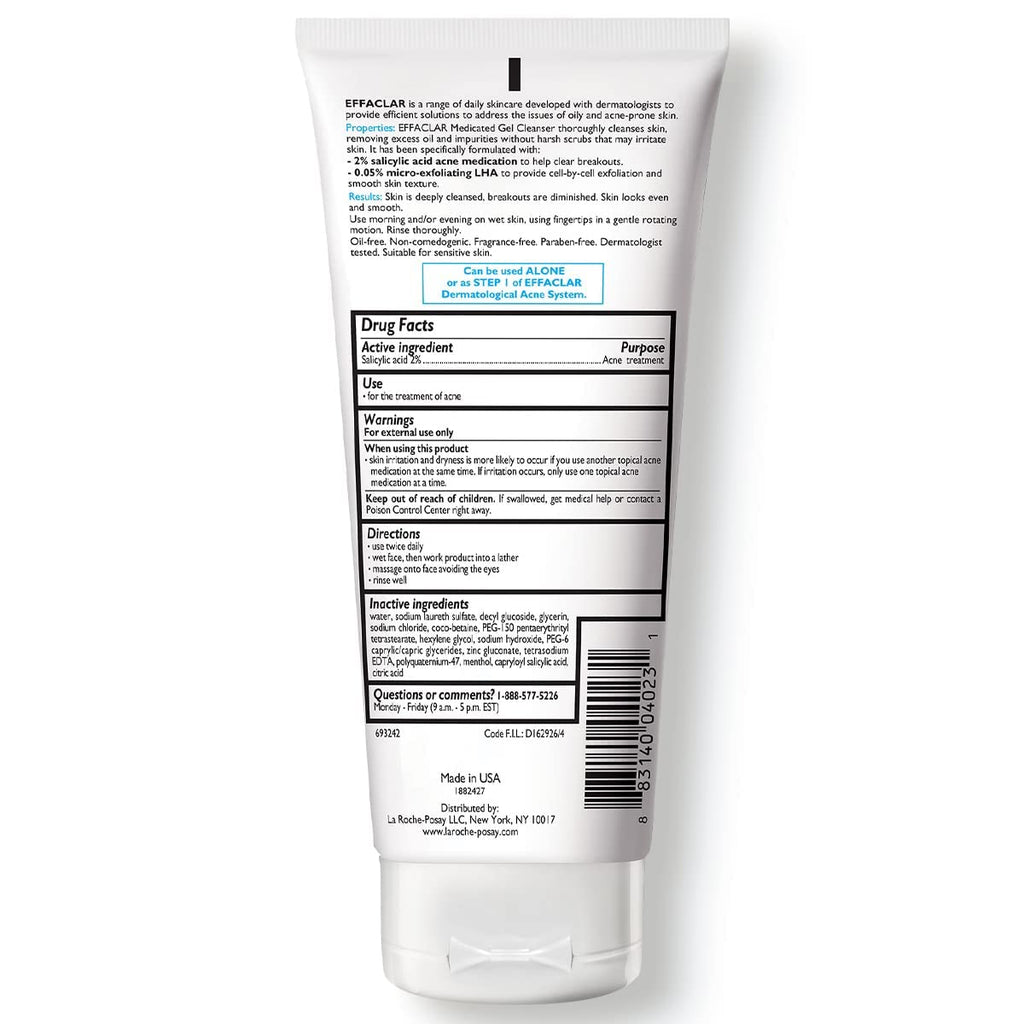 La Roche-Posay Effaclar Medicated Acne Face Wash with Salicylic Acid, 6.8oz | 2% salicylic acid cleanser with LHA and glycerin. Oil free foaming face wash helps clear acne and target excess oil.