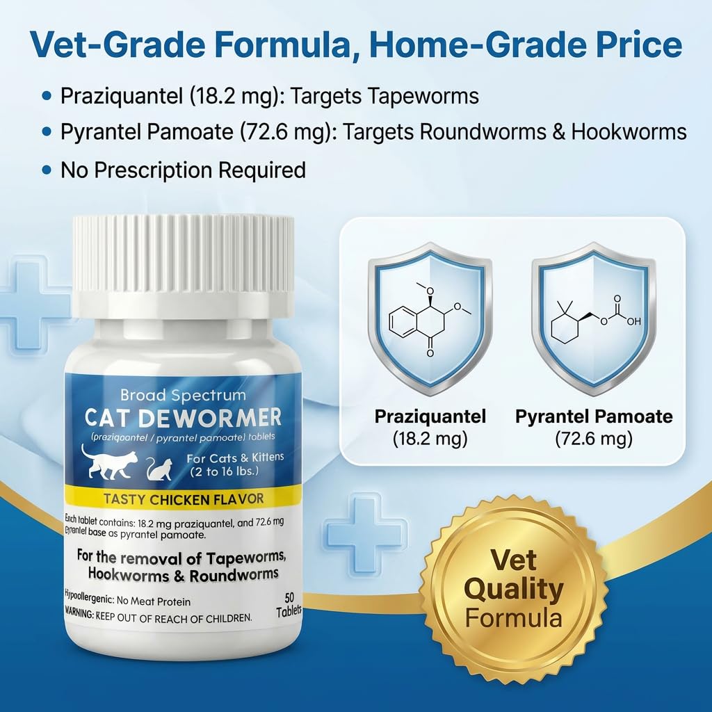 Broad Spectrum Dewormer for Cats and Kittens – Praziquantel and Pyrantel Pamoate Tablets – Removes Tapeworm, Roundworm & Hookworm – Fast Acting Formula (50 Tablets)