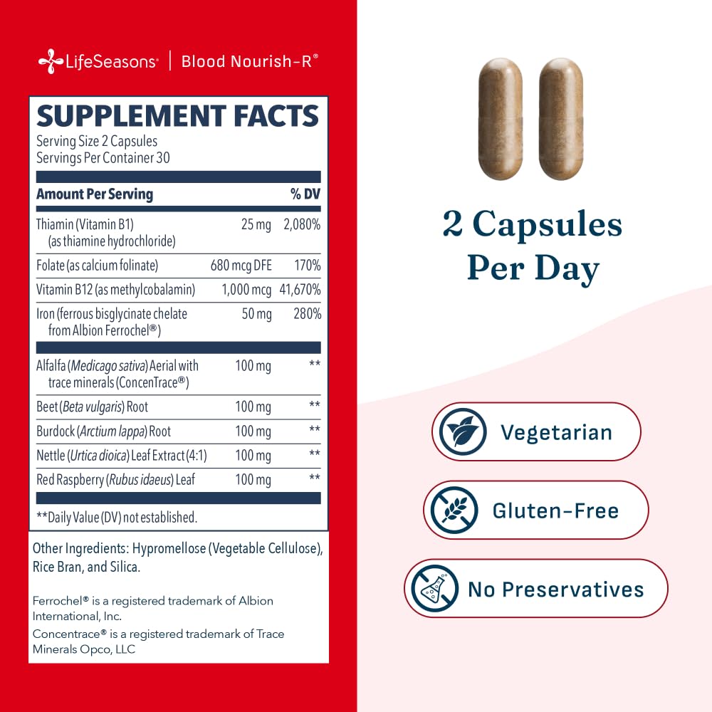 LifeSeasons Blood Nourish-R - Iron Supplement - Non Constipating - Supports Anemia, Fatigue, Paleness & Dizziness - Blood Building - Iron, Alfalfa, Raspberry & Vitamin B-12-60 Capsules (Pack of 2)
