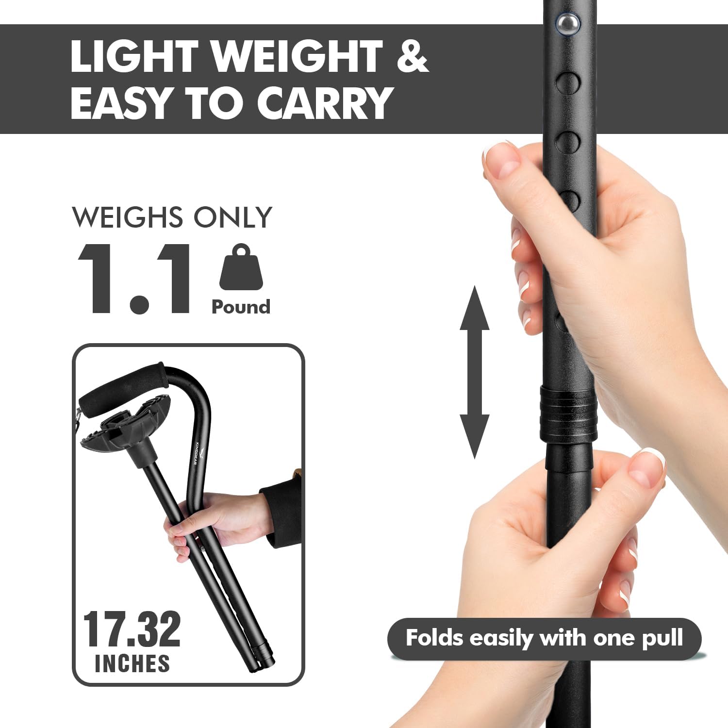 Buy now KINGGEAR F1 Walking Stick, Walking Cane for Women & Men, Self Standing Walkers for Seniors with Wrist Strap, Lightweight & Sturdy Offset EVA Handle and Large Quad Base at indiglob india