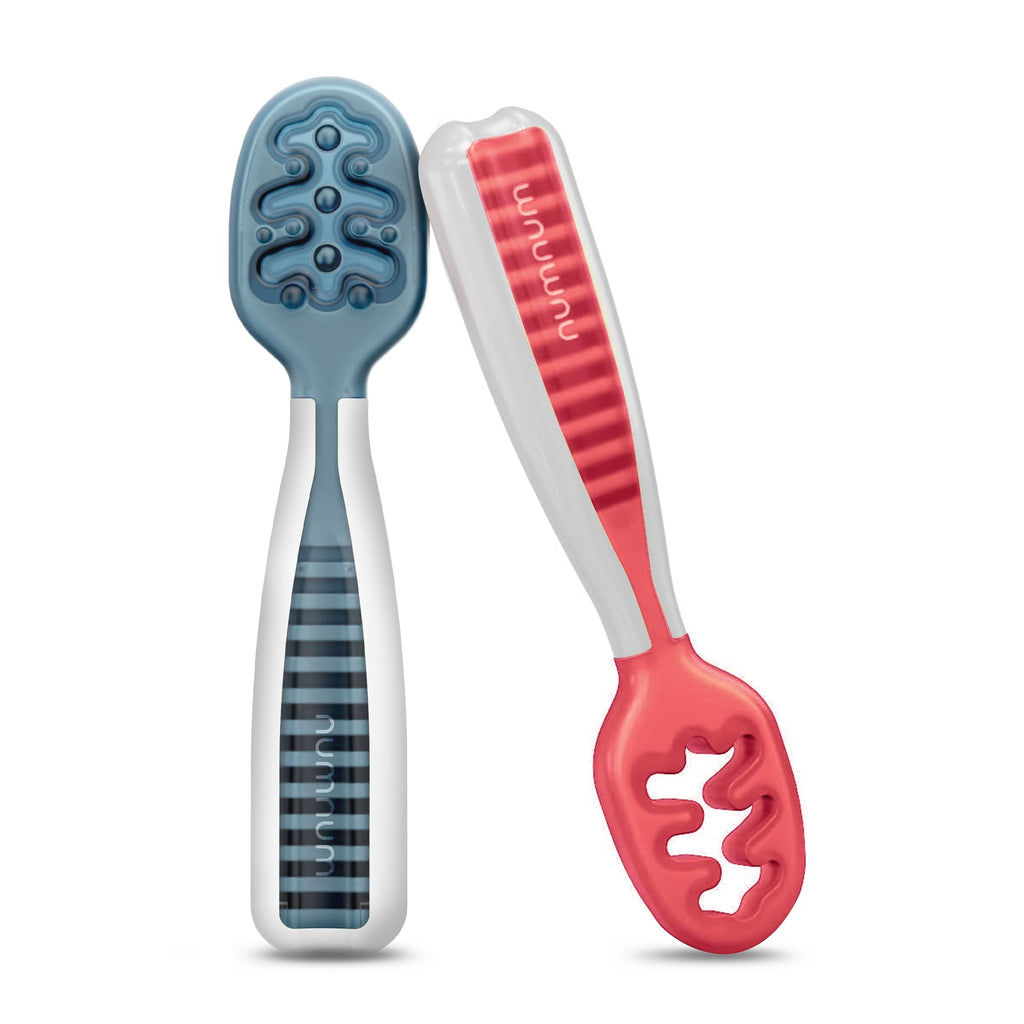 Buy now NumNum Baby Spoons Set, Baby Essentials Pre-Spoon GOOtensils for 6+ Months, First Stage Self-Feeding Spoons for Baby Led Weaning (BLW), Silicone Toddler Utensils, BPA-Free, 2 Pack Gray/Green 13 - Blue Red 2 Spoons at indiglob india