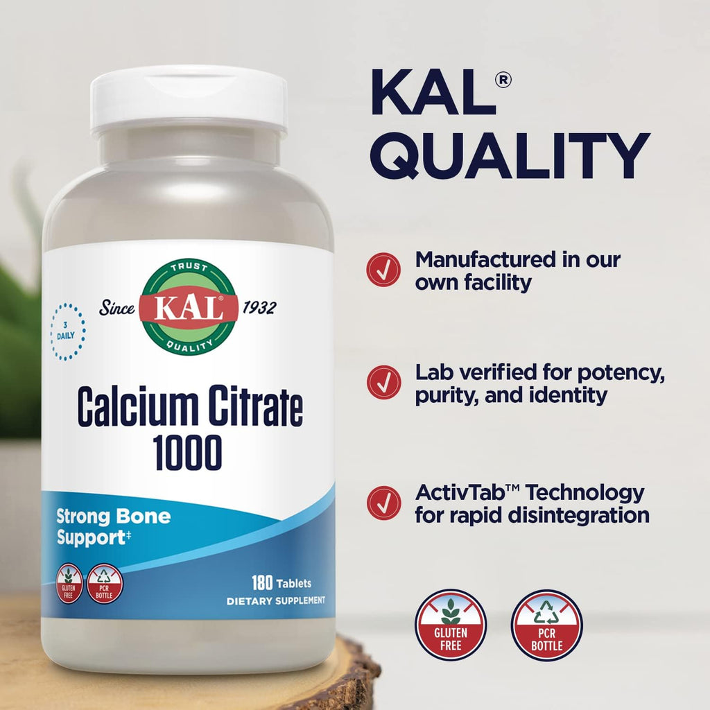 Buy now KAL Calcium Citrate 1000mg, Calcium Supplements for Women and Men, Bone Health, Teeth, Nervous, Muscular & Cardiovascular System Support, Gluten Free and Lab Verified, 60 Servings, 180 Tablets at indiglob india