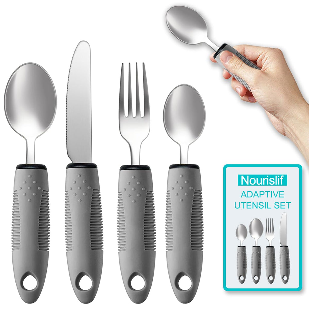 Nourislif Adaptive Utensils 4pcs For Hand Tremors,Elderly, Arthritis,Parkinsons-Built Up Utensils For Adults 2.5oz Each, Silverware Set With Handle, Flatware Cutlery Set For Seniors