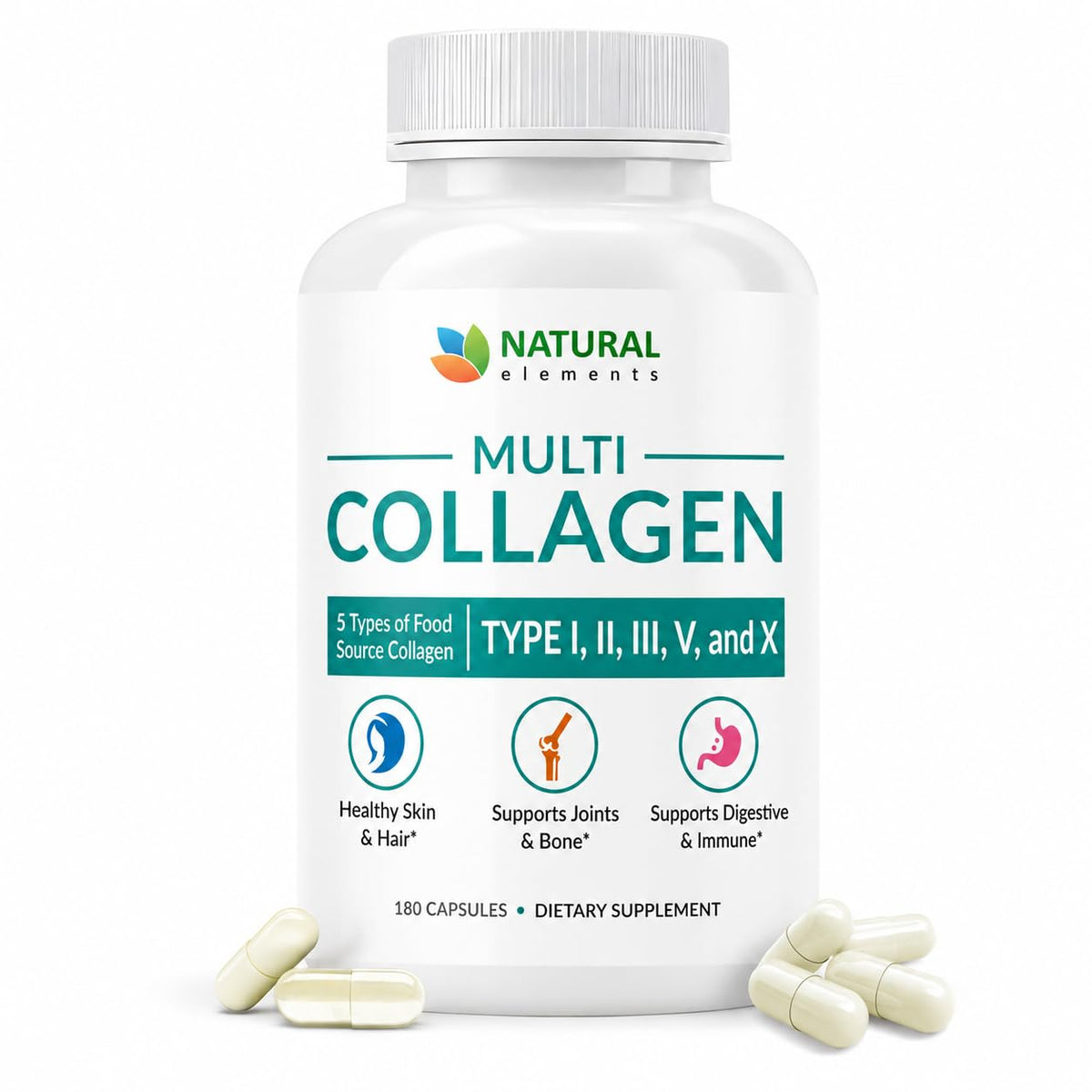Multi Collagen 180 Protein Capsules - Type I, II, III, V, X Collagen Pills - Proprietary Blend of Eggshell, Chicken, Wild Fish & Grass-Fed Beef Collagen Peptides - 2025mg per serv
