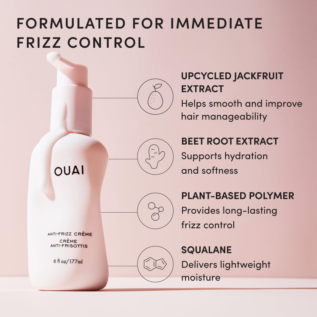 OUAI Anti Frizz Cream Travel Size - Phthalate & Sulfate Free (3 oz) | Moisturizing Hair Cream with Frizz Control & Heat Protection - Provides Hydration with Jackfruit & Beetroot Extract