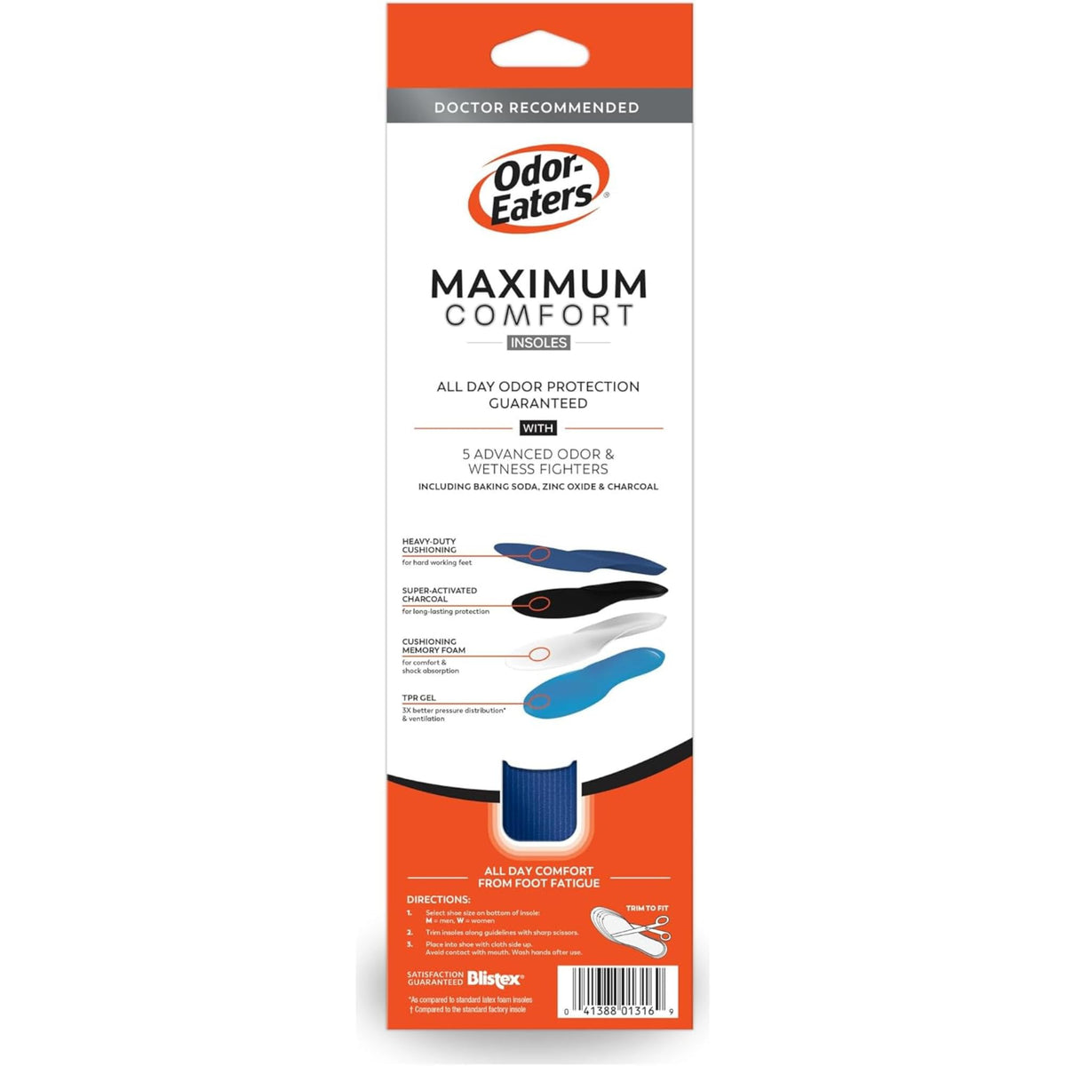 Odor-Eaters Max Comfort Gel Insoles, Foot Odor Eliminating Insert, 1 Pair