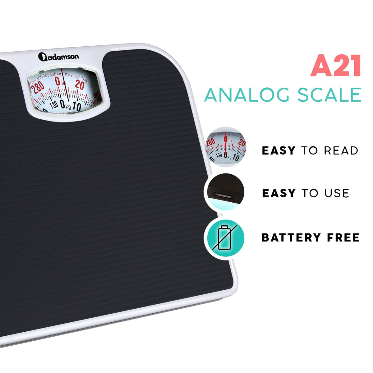 Adamson A21 Analog Scales for Body Weight - Up to 300 LB - New - Anti-Skid Rubber Surface + Large Numbers - Analog Bathroom Scale - Affordable - Durable with 20-Year Assurance - Black