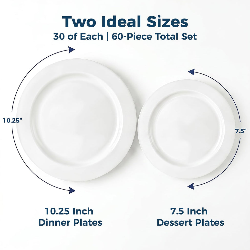 Disposable White Plastic Plates 60 Pack, Microwave, Dishwasher Safe