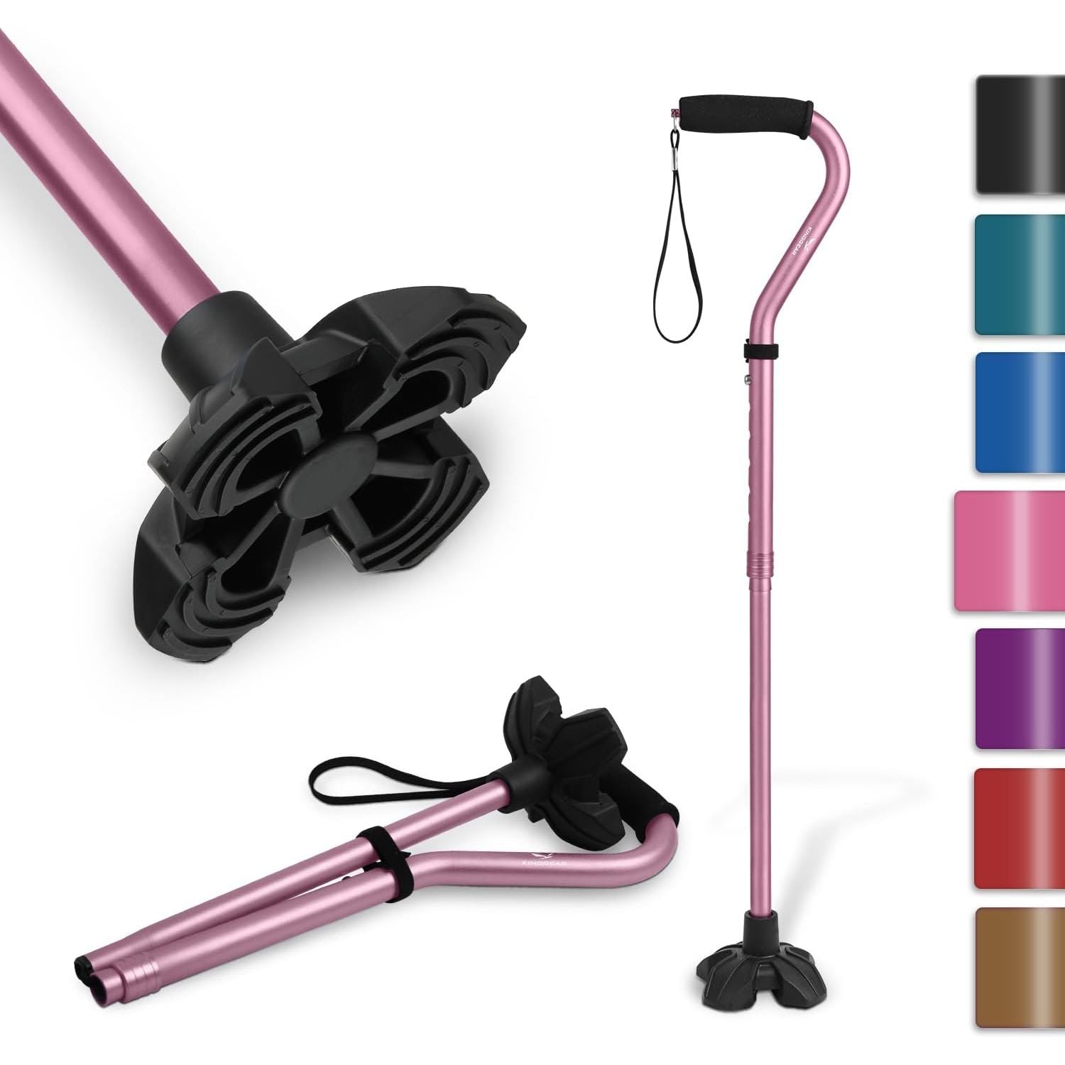 Buy now KINGGEAR F1 Walking Stick, Walking Cane for Women & Men, Self Standing Walkers for Seniors with Wrist Strap, Lightweight & Sturdy Offset EVA Handle and Large Quad Base Pink at indiglob india