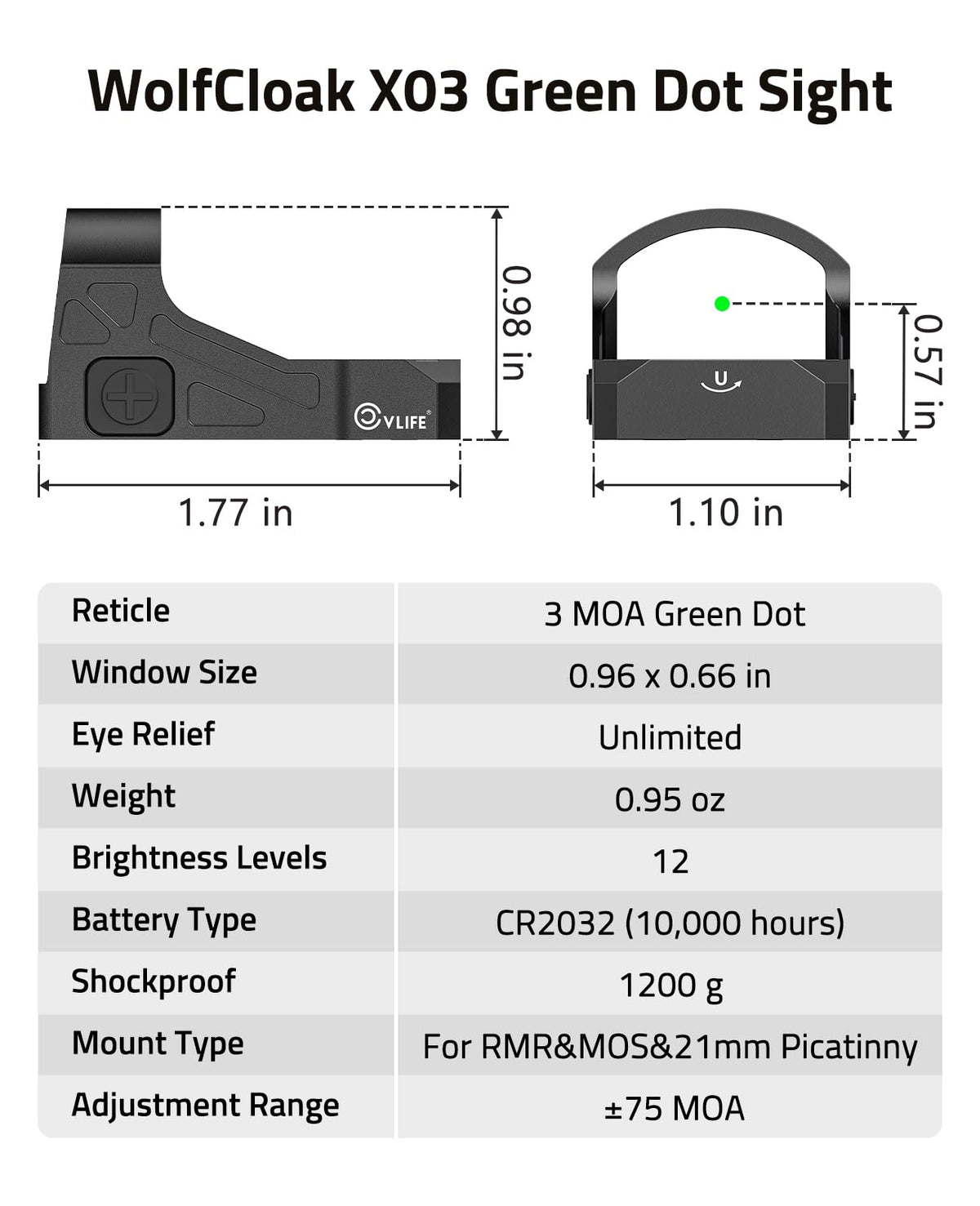 CVLIFE WolfCloak X03 Motion Awake Green Dot Sight for RMR Footprint, 3 MOA Reflex Sight with 0.33" Ultra-Low Profile & 24mm Lens for Full-Sized Pistols, Optics Adapter for MOS & 21mm Picatinny Base