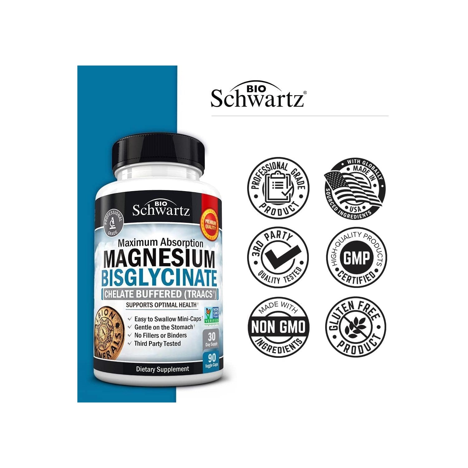 Magnesium Bisglycinate 100% Chelate No-Laxative Effect - 90ct | Max Absorption Magnesium Glycinate Capsules, Healthy Energy Muscle Bone & Joint Support - Non-GMO Project Verified