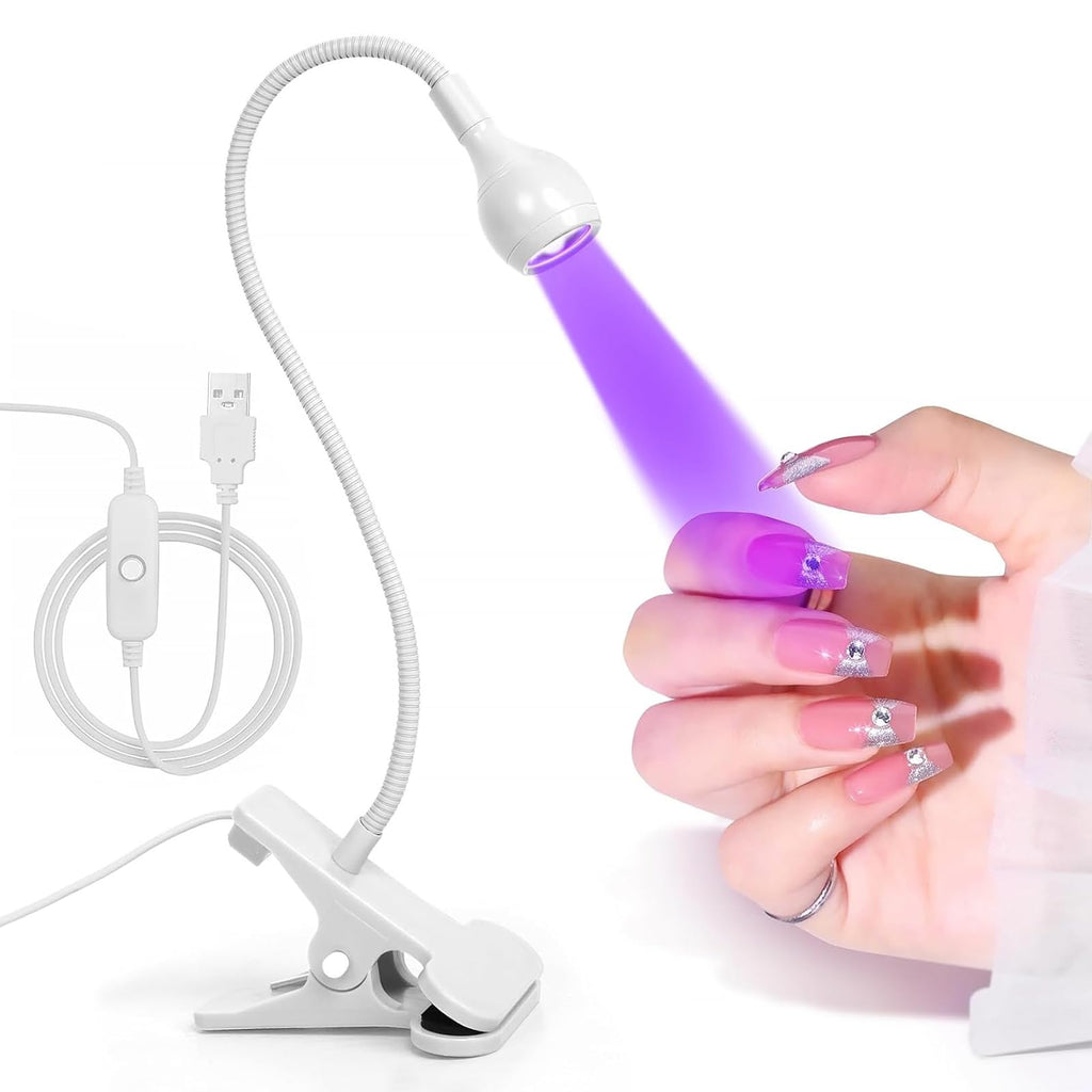 UV Nail Lamp - UV Light for Gel Nails, Flash Cure Lamp | LED Gooseneck Flash Cure Lamp for Nails, Manicure Dryer Black Light with Clamp, 365+395nm 5V 3W 4 Levels Dimming White