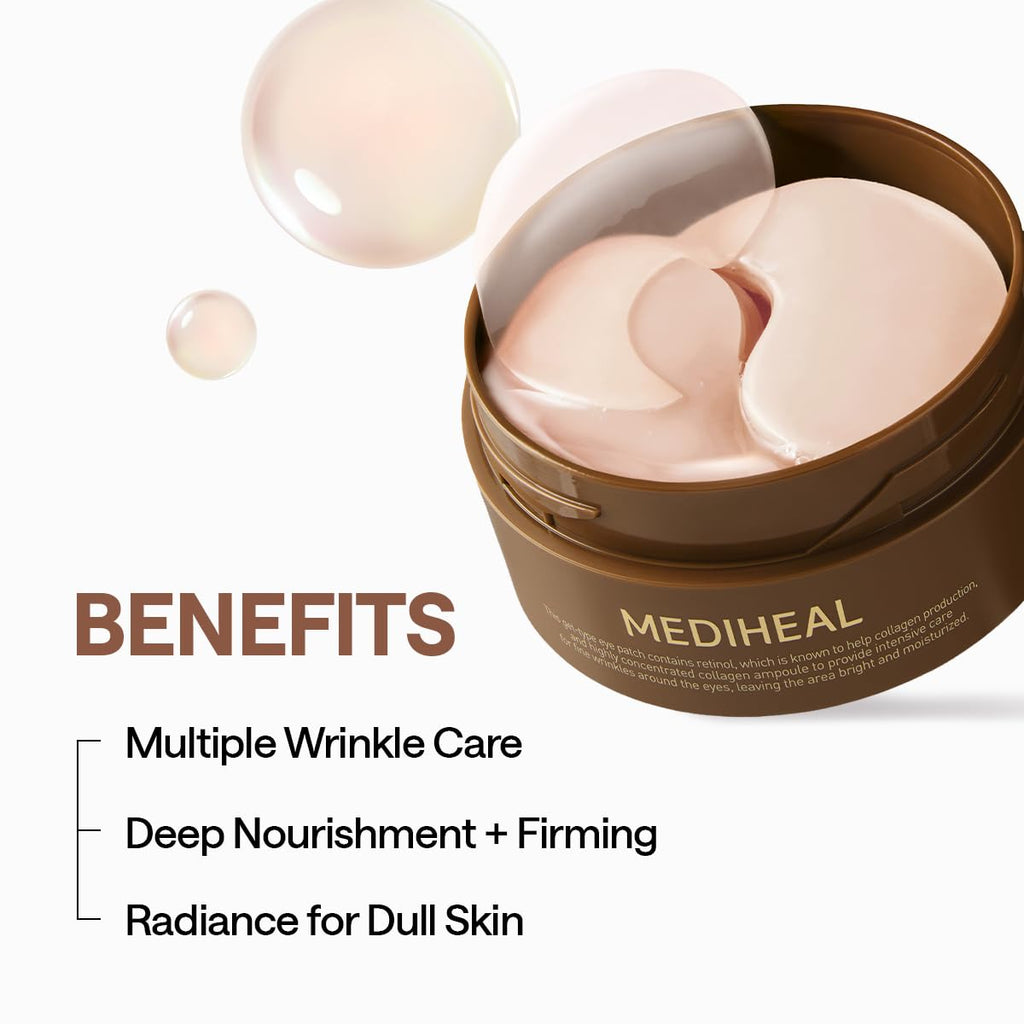 MEDIHEAL 95% Retinol & Collagen Under Eye Patches, Wrinkle Care (60 Count) | with Retinol Liposome, Collagen | 4-Zone Firming Care for Eyes & Smile Lines | 0.00 Irritation | Korean Hydrogel Patches