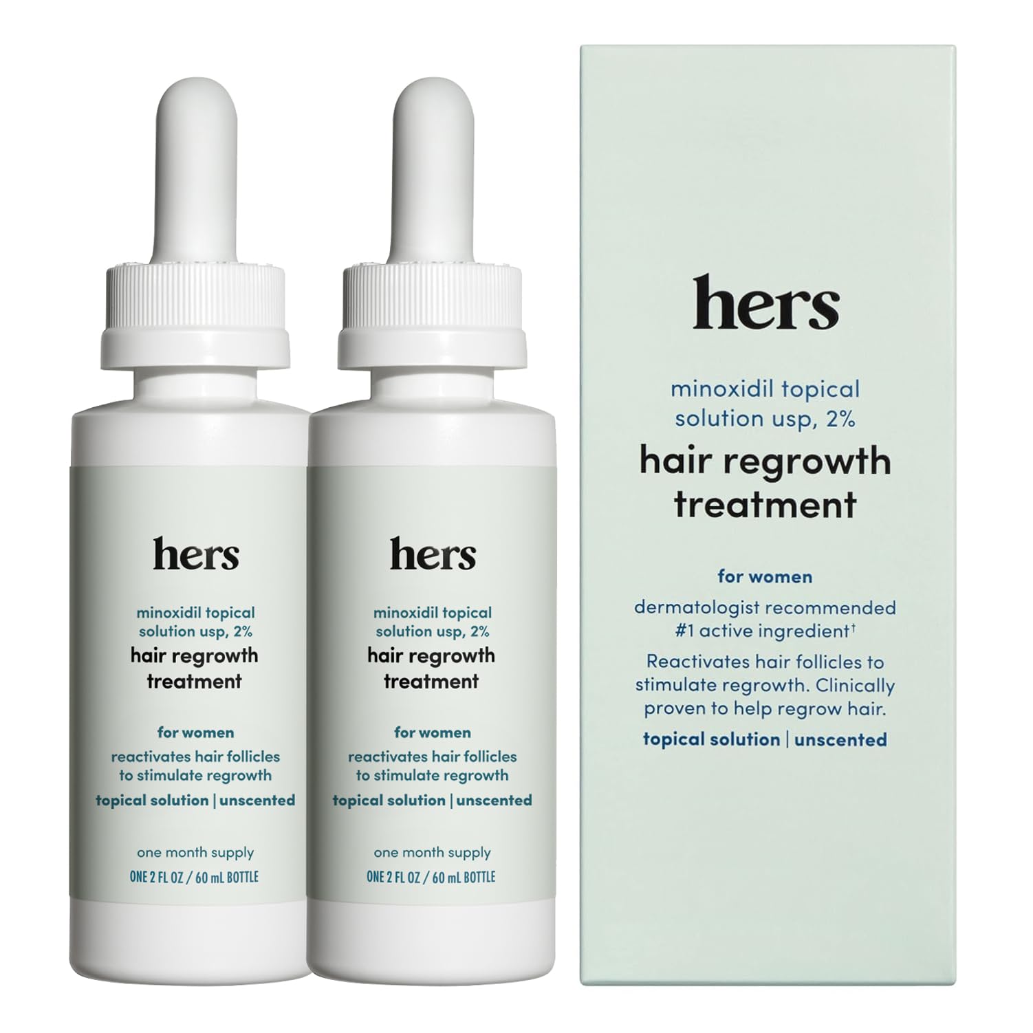 hers Hair Regrowth Treatment, Minoxidil 2% for Women, Unscented, 2 Pack | 2% Topical Minoxidil Solution, Hair Regrowth Treatment for Women, Non-Greasy and Unscented
