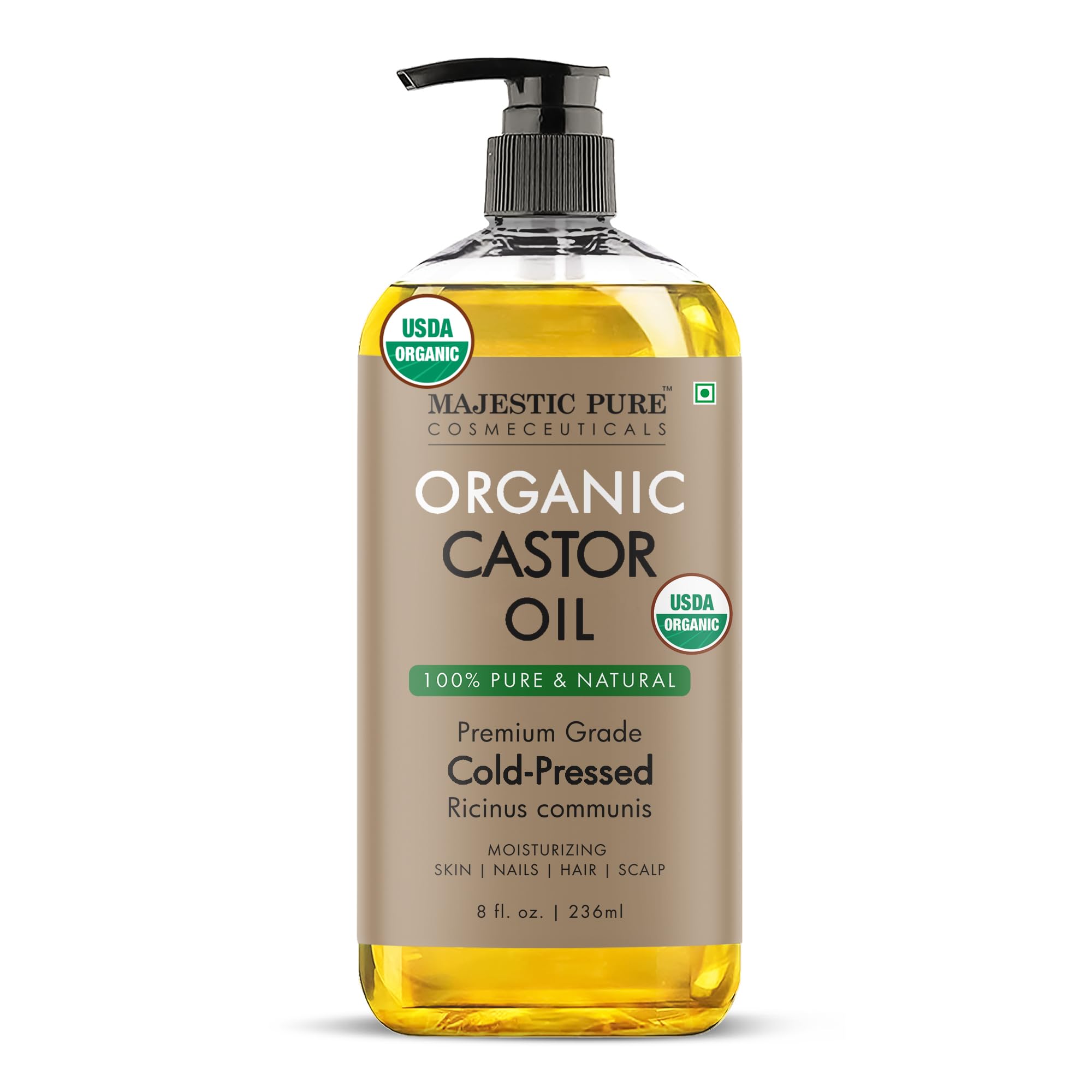 Majestic Pure USDA Organic Castor Oil, 100% Pure & Natural Body Oil -8 FlOz | Cold Pressed & Hexane Free Hair Growth Oil for Eyelashes, Eyebrows, Skin, Body, Face, Nails & Scalp