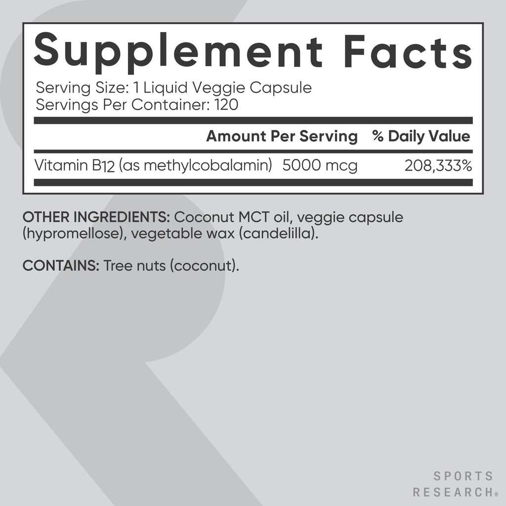 Sports Research® Vitamin B12 as Methylcobalamin 5000mcg, 120 Liquid Caps | Plant-Based B12 with Coconut MCT Oil for Energy Metabolism Support | Vegan, Non-GMO, 120 Servings