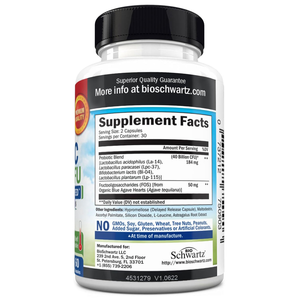 Probiotic 40 Billion CFU with Organic Prebiotics for Gut Health, 60 Count | Probiotics for Men and Women, Immune & Digestive Health Support with Lactobacillus from BioSchwartz, Non-GMO, Shelf Stable