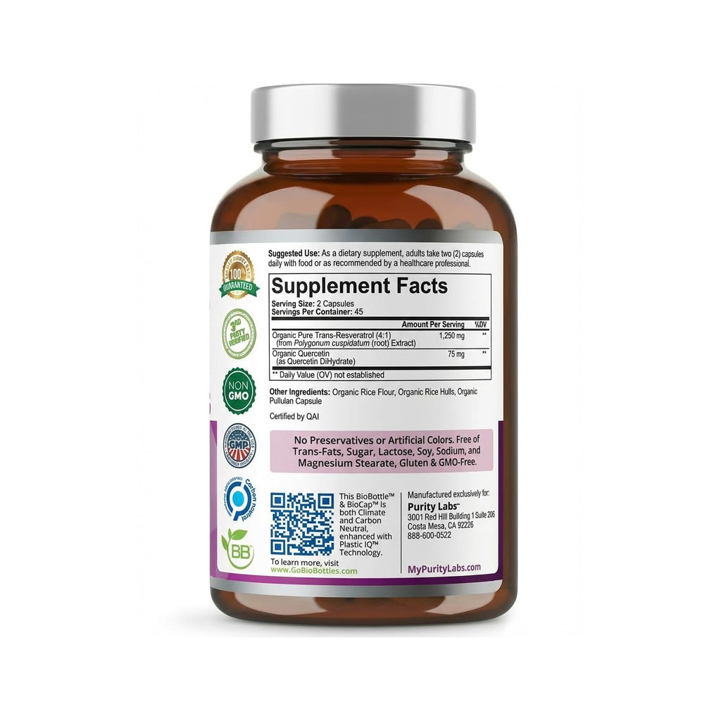 Purity Labs Trans-Resveratrol Supplement 5,000 mg Equivalent per Serving with Quercetin, USDA Organic High Potency Antioxidant, Vegan Capsules, 90 Count