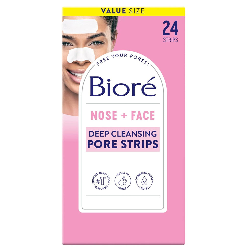 Buy now BiorÃ© Nose+Face Blackhead Remover Strips, Deep Cleansing Strips for Nose, Chin, or Forehead, Instant Blackhead Removal and Pore Unclogging, Oil-free, Non-Comedogenic Use, Value Size 24 Count 24 Count (Pack of 1) Face + Pore Strips at indiglob india