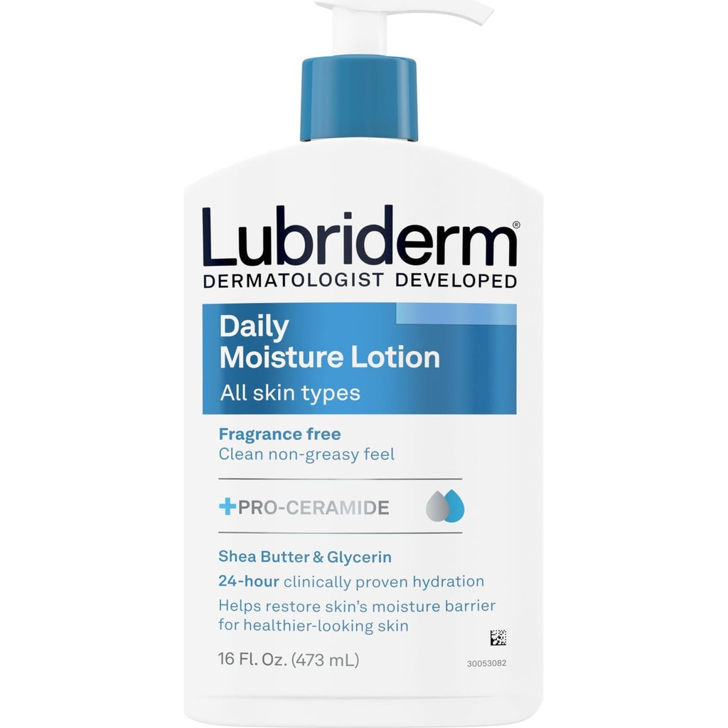 Lubriderm Fragrance Free Daily Moisture Lotion + Pro-Ceramide, Shea Butter & Glycerin, Face, Hand & Body Lotion for Sensitive Skin, Hydrating for Healthier-Looking Skin, 16 fl. Oz (Pack of 3)